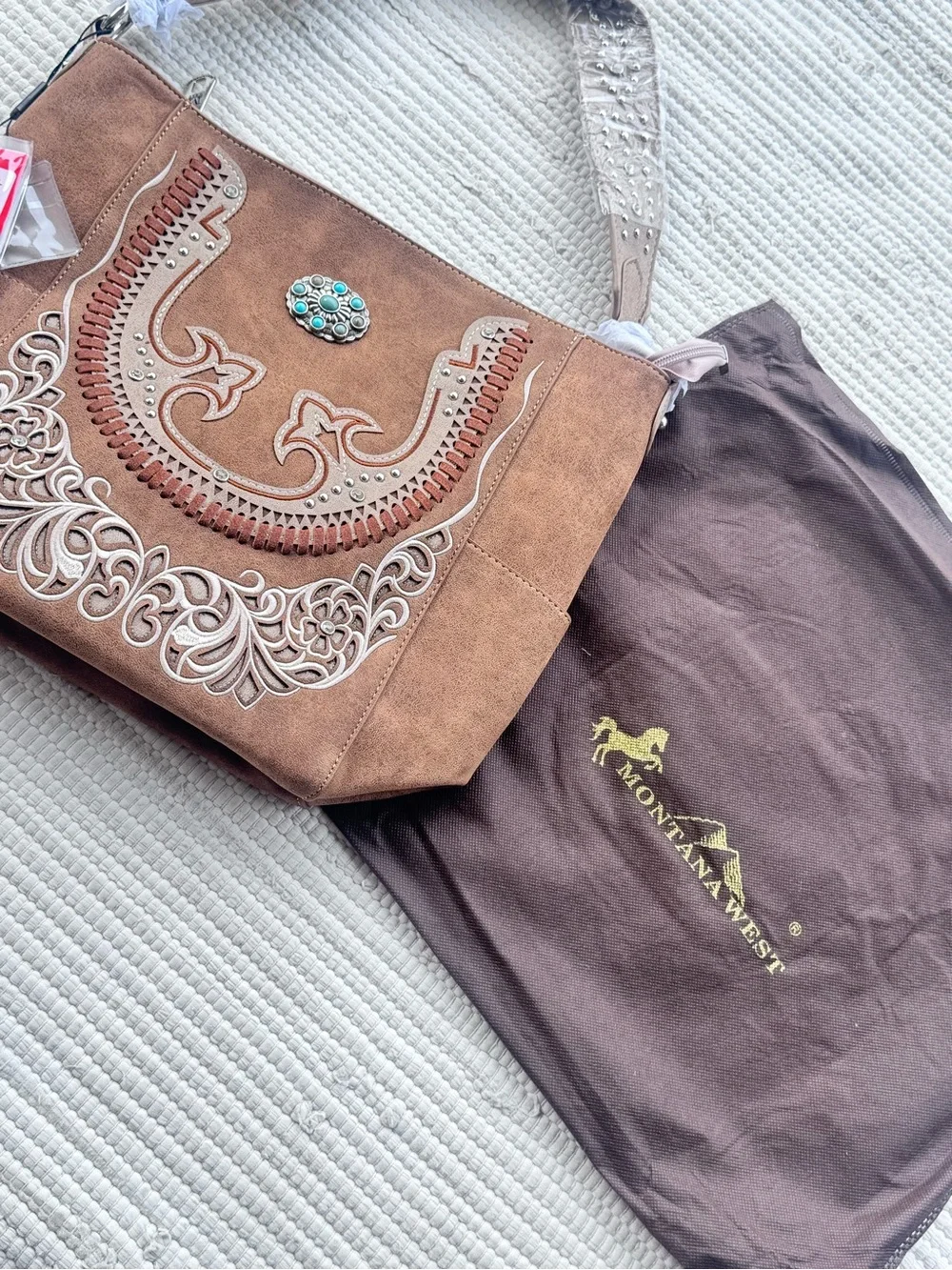 Montana West Western Tooled Tote Bag Brown Turquoise Concho Boho